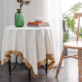 FAIRY KAARI Velvet Tablecloth Luxurious White Rectangle Table Tablecloth Thickset with Luxurious Gold Tassels Table Cloth for Home Decor Christmas Wedding, Party, Banquet and Events 55X70inch