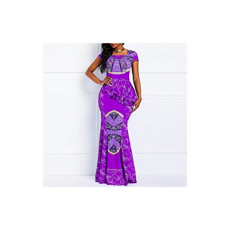 VERWIN African Dress Cap Sleeve Square Neck Floor-Length Geometric Mermaid
