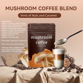 Mushroom Coffee 6 Adaptogenic Mushrooms USDA Organic Instant Coffee MCT Oil USA Grown Better Energy, Focus, Digestion, Immunity Cordyceps, Lion’s Mane, Turkey Tail 30 servings (6.35 Oz / 180g)