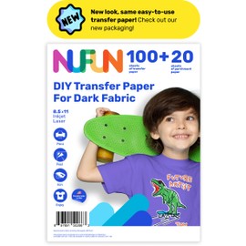 NuFun Activities Inkjet Printable Iron-On Heat Transfer Paper for T Shirts and Dark Fabrics, Shirt Printing and DIY Projects - 8.5x11” - 100 Sheets