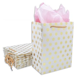 12-Pack Foldable Cardstock Paper Gift Bags with Handles (Medium 9", Metallic Gold Foil Polka Dot) for Presents, Retails or Party Favors by TheDisplayGuys