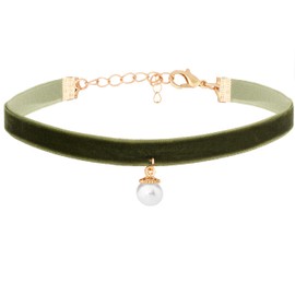 OJERRY Dark Green Velvet Faux Pearl Drop Choker Necklace Jewelry for Women, Simple Green Chokers Necklaces Accessories Romantic Gifts for Women Trendy Stuff