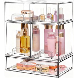 JEECOLI Juego de 5 Organizadores de Maquillaje Apilables Cajones transparentes de plástico; organizador multiusos para tocador, baño, cocina y despensa; ideal para gabinetes.