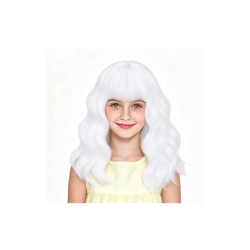 BERON White Short Bob Kids Wig Wavy Wigs with Bangs