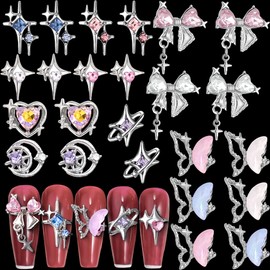 3D Nail Charms Y2k Accessories Luxury Star Nail Charms Nail Accessories Butterfly Nail Art Charms Pendant Silver Alloy Moon Heart Nail Design Rhinestones Nails Charms Nail Jewellery