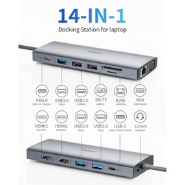 Estación de acoplamiento 3 monitores para portátiles Windows, estación de acoplamiento USB C con doble HDMI 4K 60Hz, 1 VGA, 5 USB-A, 100W PD, Ethernet, micrófono/audio, SD/TF, concentrador USB para