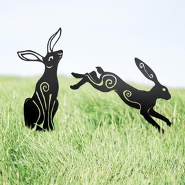 Thungeek Rustic Metal Bunny Garden Statues – Set of 2 Outdoor Moon Rabbit Decor with Swirling Motifs Bunny Garden Decor Outdoor Sculpture | Metal Easter Yard Art for Patio, Lawn & Easter Gifts