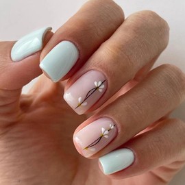 Flower Press on Nail Short 24pcs Spring Summer Flower Fake Nail Sqaure Floral Full Clover False Nail for Women Girls (04-green flower)