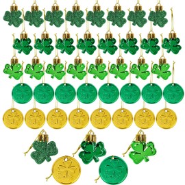 CCINEE 40pcs St Patrick's Day Decorations Shamrock Ornaments and Coins Set Green Gold Plastic Good Luck Clover Hanging Baubles Trefoil Pendant Decoration for Irish Festival Tree Shelf Home Party Decor
