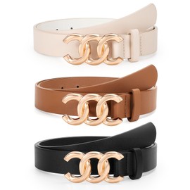 3 Pack Women Leather Belts for Jeans Pants Fashion Gold Buckle Ladies Leather Dress Belt
