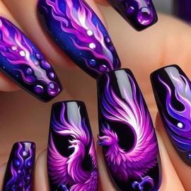 Coffin Press on Nails Long Black Fake Nails with Purple Flame Phoenix Pattern Design Acrylic Nails Artificial Full Cover False Nails Glue on Nails Glossy Stick on Nails for Women Girls 24 Pcs