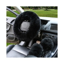 Ziciner 3PCS Wool Steering Wheel Cover with Fuzzy Handbrake Cover & Gear Shift Cover, Universal 15 Inch Steering Wheel Fluffy Soft Protector, Comforting Warm Car Decoration for Women Men (Black)