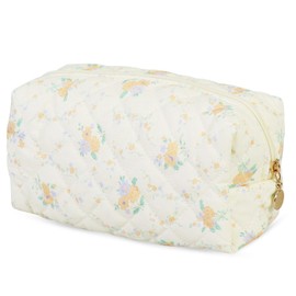 Travel Toiletry Bag, Portable Cotton Travel Coquette, Floral Makeup Bag, Quilted Cosmetic Pouch for Women Girls Bathroom Daily (Orange-01)