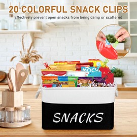 Snack Organizer for Pantry, Decorative Snack Basket with 10pcs Chip Clips, Snack Organizer for Desktop, Collapsible Snack Organizer for Pantry Shelf, Office, Kitchen and More (Black, Medium-2 Pack)