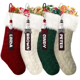 SOMTING Christmas Stockings, 4 Pack 18Inches Cable Knitted Stocking White Fur Xmas Hanging Stocking Decorations with Name Tags for Fireplace Christmas Holiday Party Decoration (Mixed Color, 4PCS)