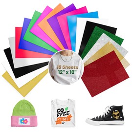 Heat Transfer Vinyl HTV 12" x 10" 18-Sheet, Colorful Iron On Vinyl for Cricut Cutter Machine, 16 Colors for T-Shirt Fabrics Heat Press Vinyl Design, Easy to Cut and Weed