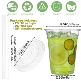 Artsotroly 16 oz Clear Plastic Cups with Lids and Straws, Disposable Drinking Cups for Cold Drinks, Iced Coffee, Milkshakes, Smoothies, 25 Sets
