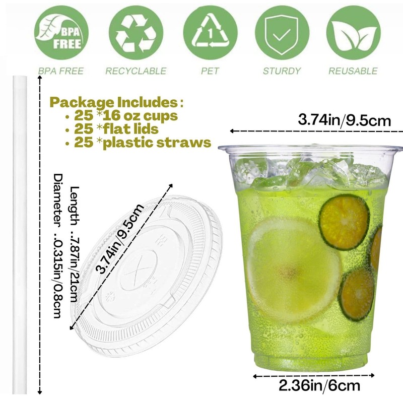 Artsotroly 16 oz Clear Plastic Cups with Lids and Straws,