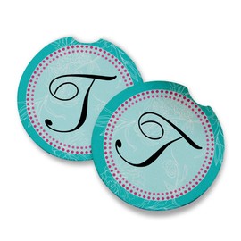 Monogram T | Car Coasters for drinks Set of 2 | Perfect Car Accessories with absorbent coasters. Car Coaster measures 2.56 inches with rubber backing