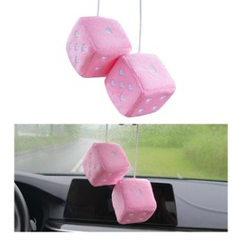 Ziciner Pair Fuzzy Plush Dice for Car Mirror, 3'' Retro Square Dice with Heart-Shape, Universal Auto Rearview Mirror Hanging Ornament Decoration, Vehicle Interior Accessories for Women (Pink)