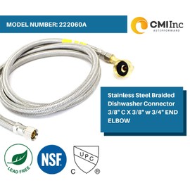 CMI Inc Stainless Steel Braided Dishwasher Connector 5 Ft with Swivel Elbow, Dishwasher Supply Line, 3/8” X 3/8” Compression with 3/4” Female Hose Thread Connect, 60 Inches