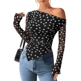 PRETTYGARDEN Womens Fall Trendy Off Shoulder Y2k Tops 2025 Tie Dye Mesh Long Sleeve Shirts Asymmetrical Ruched Floral Blouse (Small Dot Black,Large)
