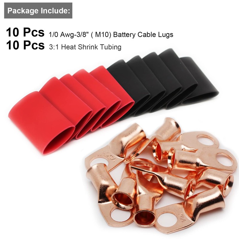 TKDMR 10pcs 1/0 AWG-3/8 Battery Lugs,Heavy Duty Wire Lugs,Ring Terminals,Battery
