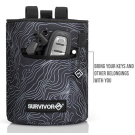 SURVIVOR Chalk Bag - Draw String Closure, 2 Zippered Pockets & Brush Holder - Chalk Bag for Rock Climbing, Bouldering, Weightlifting (Black)