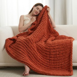 Amélie Home Chunky Knit Blanket Throw, Thick Soft Chenille Yarn Throw, Warm Handmade Rope Knot Blanket for Couch Sofa Bed, 50x60, Burnt Orange