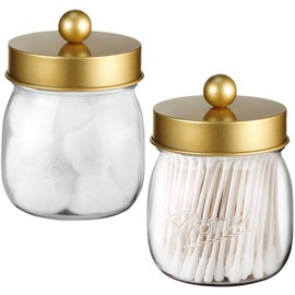 SheeChung 2 Pack Acrylic Mason Jar Qtip Holder Dispenser with Labels, Gold