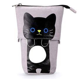 Telescopic Pencil Pouch Standing Pen Holder Cute Pencil Bags Stand Up Pen Case Cartoon Pencil/Pens Storage Box Canvas+PU Stationery Organizer Makeup Bag with Zipper Closure (Gray)