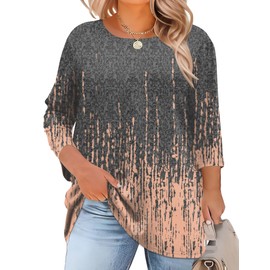 LOMON Plus Size 3/4 Sleeve Tops for Curvy Women Dressy Casual Crewneck Tunics Plus Work Tops Business Elegant Blouse 3XL