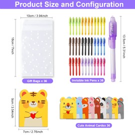 DazSpirit Pack of 36 Secret Pens with Cute Animal Cards and Gift Bags, Magic Pens with UV Light Party Bag Filler for Boys and Girls, Invisible Pen Spy Pen for Party Bags Children