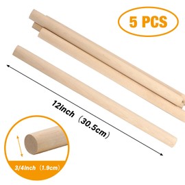 Lugailly Wooden Dowel Rods Wood Dowels for Crafting 3/4 x 12 Inch, 5 PCS Round Thick Macrame Rods Wooden Sticks for Crafts, Unfinished Pine Hardwood Sticks for Wands, Curtain Rods, Rhythm Sticks