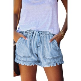 HVEPUO Women's Cotton Linen Shorts, Elastic Band Hot Pants, Summer Wide Shorts, A-light blue