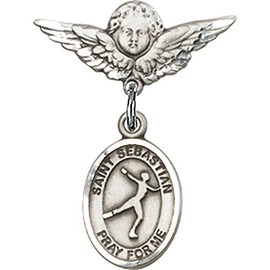 Sterling Silver Baby Badge with St. Sebastian/Figure Skating Charm and Angel w/Wings Badge Pin 7/8 X 3/4 inches
