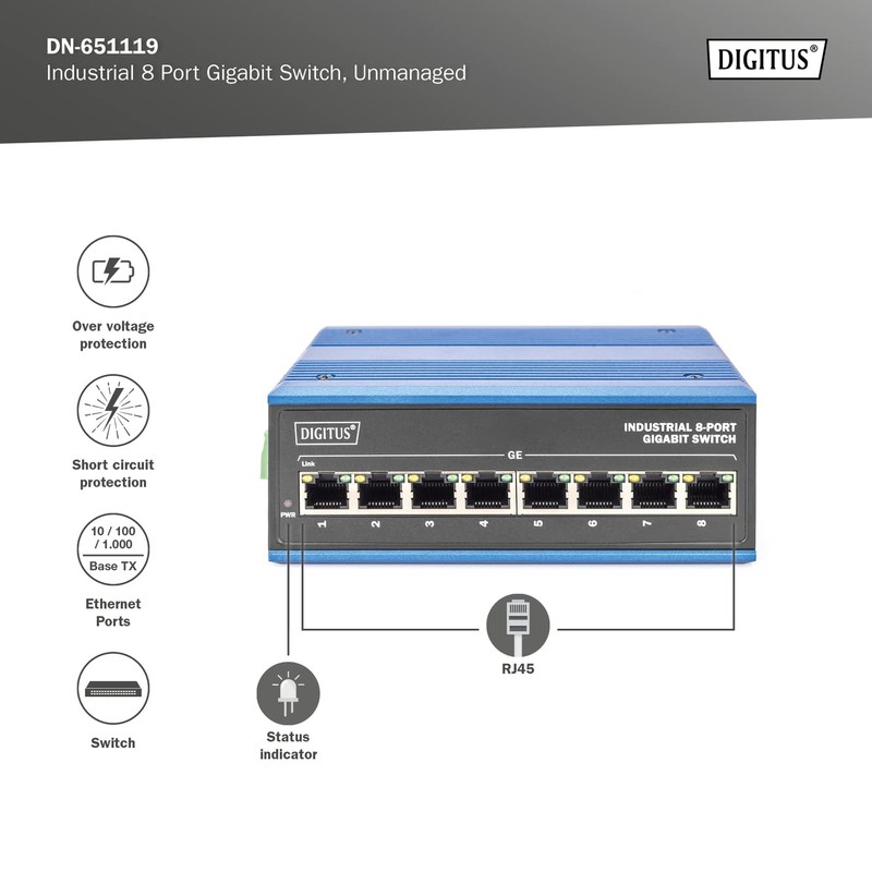 DIGITUS Network Switch - 8-Port Gigabit Ethernet - DIN-Rail Mounting