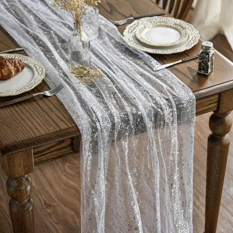 Artoid Mode White Silver Gauze Table Runner 120 Inch 10FT,