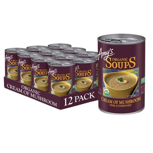 Amy's Soup, Cream of Mushroom Soup, Made with Organic Vegetables, Canned Soup, 14.1 Oz (12 Pack)