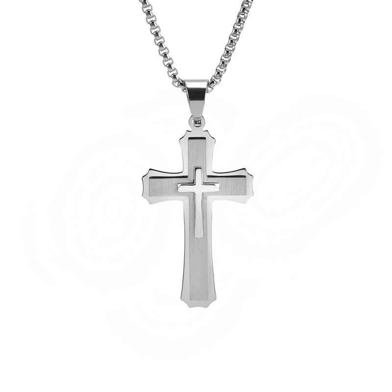 Rockyu Men's Necklace, Silver, Venetian Chain, Stylish, Cross Pendant, Birthday,