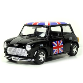 Mini Cooper Model (Black) with Union Jack Top Made of Die Cast Metal and Plastic Parts, Pull Back & Go Action Model - 384B
