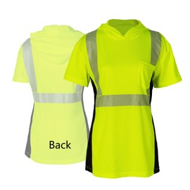 Safety Reflective Shirts for Women ANSI Class 2 Hi Vis Short Sleeve High Visibility Work T Shirts with Hood, Yellow L