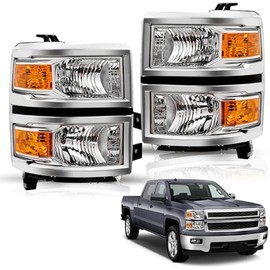 Headlights Assembly Fits For 2014 2015 Chevy Silverado 1500 Pickup Truck [Halogen Factory OE Style] Headlamp Replacement Pair Front Lamps LH+RH Driver & Passenger Side