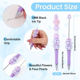 5 Pcs Fine Lilac Beadable Pens, Glitter Cool Ballpoint Pens, Plastic Shaft Black Ink Beaded Pen for Wedding Christmas Bridal Graduation Gifts School Office Teacher Student Supplies