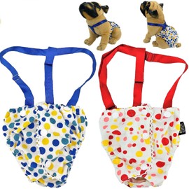 FUNNYDOGCLOTHES Female Dog Diaper with Suspenders Cotton Reusable Washable for Small Dog Breeds (Pack of 2 Colors, Medium: Waist 13" - 16")