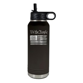 Palm City Products We the People 32 oz Black Stainless Steel Patriotic Water Bottle - Vacuum-Insulated Revolutionary War Tumbler with Engraved American Flag and Flip-Top Lid
