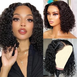 XIROM UN Wig Glue Free Precut 4x4 Lace Front Wig Women Human Hair Glue Free 180% Density Water Bob Wig Human Hair Beginner Curl Front Wig (10 Inch)
