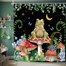 JAWO Mushroom Shower Curtain, Boho Moon Stars Aesthetic Floral Shower Curtains, Funny Frog Cottagecore Decor Kids Children Bathroom Accessories Set with Hooks, 69 x 70 Inches Black