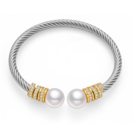 WOWORAMA Silver Cable Wire Cuff Bracelet for Women Two Tone Statement Bangle Bracelet Mixed Metal Chunky Cuff Bracelets Adjustable Jewelry