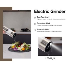Electric Pepper Grinder and Salt Mill Set - Large Capacity USB Rechargeable Automatic Grinder with Dual LED Lights, One-Handed Operation & Slide Cover - Brushed Stainless Steel